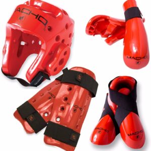 Macho Dyna 7 Piece Sparring Gear Set | Head, Shin, Hands, Feet | Large- Red